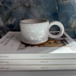 Studio Art Pottery Mug 2.7 " Tall White Speckled Glazed Stoneware Signed JG